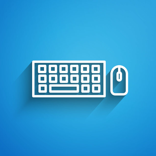 白色线计算机键盘和鼠标图标隔离在蓝色背景上。电脑组件的信号。长长的阴影。矢量图图片下载
