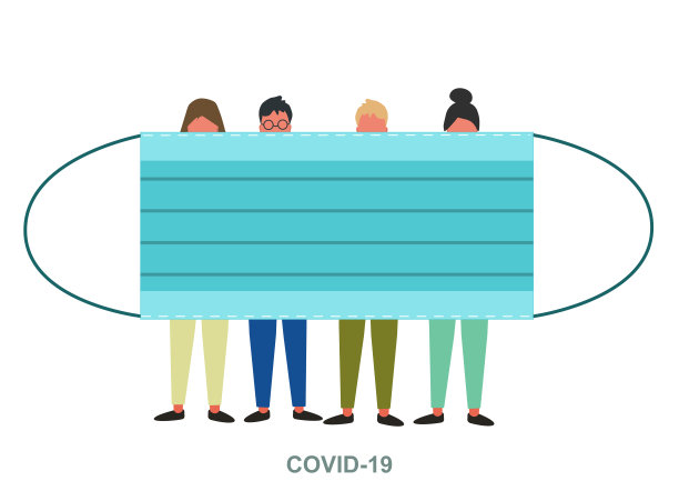 世界流行。一群人躲在医用口罩后面，白色背景，插图图片下载