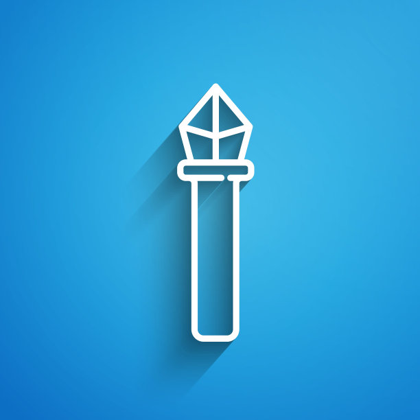 白色线魔法职员图标孤立在蓝色背景。魔杖，权杖，棒，棒。长长的阴影。矢量图图片下载