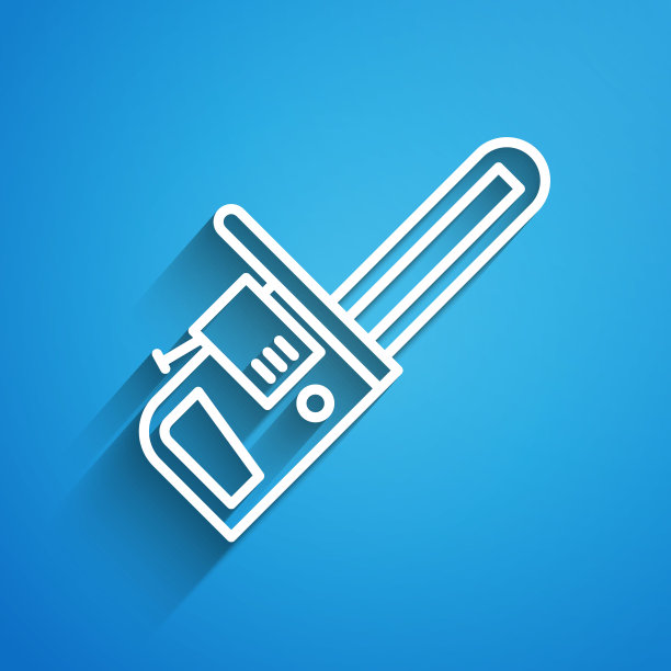 白色线链锯图标孤立在蓝色背景。长长的阴影。矢量图图片下载