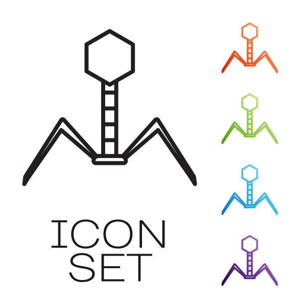 黑线细菌噬菌体图标分离在白色背景。细菌感染的迹象。微生物引起疾病的概念。设置图标丰富多彩。矢量图图片下载