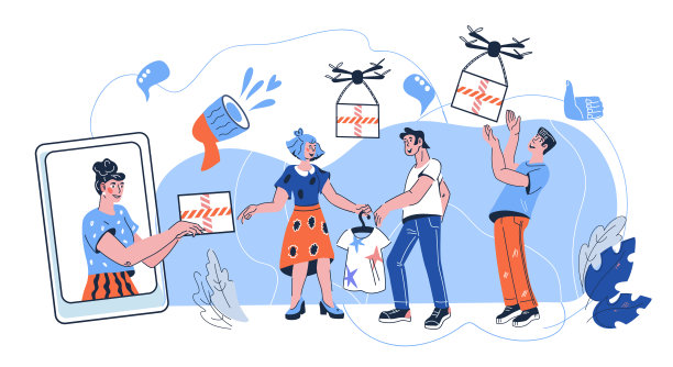 网上商店的快速递送服务，人们用无人机拿包裹。素材图片