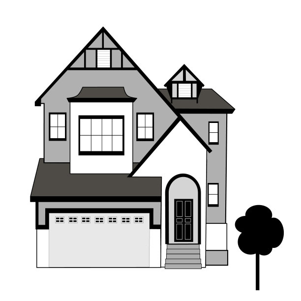 用黑色和灰色画的房子。别墅类型的房子。孤立的,白色的。向量图片下载
