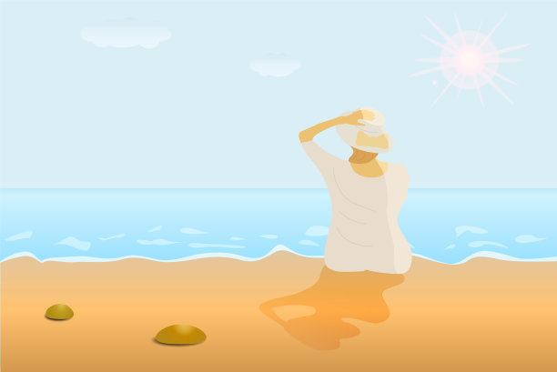 一个穿着白色衣服的女人坐在阳光下的海滩上。图片下载