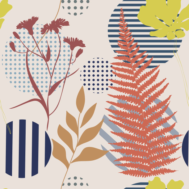 植物抽象无缝图案。现代创意向量纹理。野生植物的轮廓在圆点几何背景。手绘插图为您的设计。适合时尚印花。图片下载