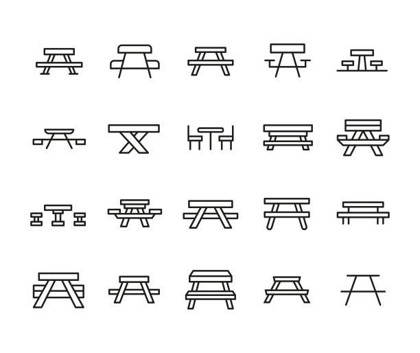 简单的一套野餐桌图标在时尚的线条风格。图片下载