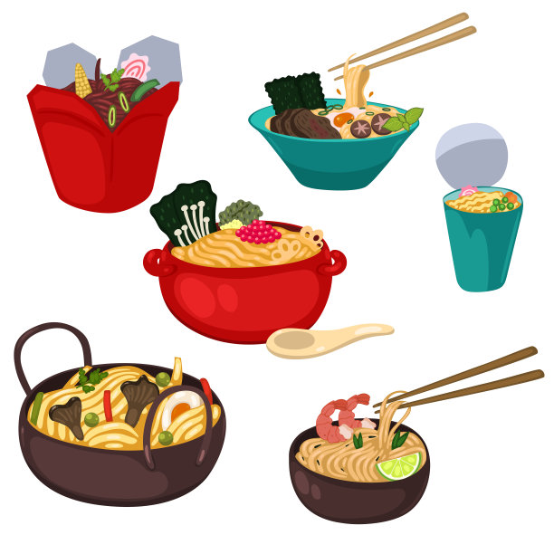 一套亚洲面条孤立在白色背景。矢量图形。素材图片