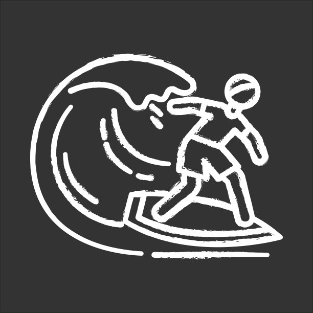 冲浪粉笔图标。水上运动，极限运动。捕捉海浪，冲浪者在船上保持平衡。海滩上穿着泳衣的男人。暑期活动和爱好。孤立矢量黑板插图图片下载