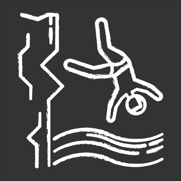 悬崖跳水粉笔图标。水上运动，极限和危险的运动。大高度休闲户外活动。冒险和冒险的休闲。孤立矢量黑板插图图片下载