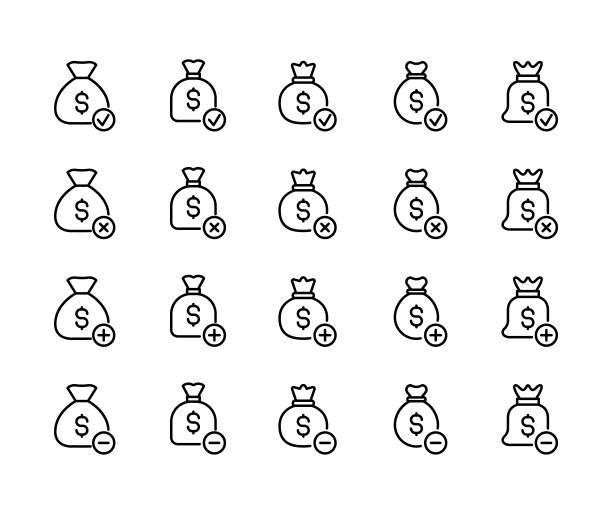 简单的一套钱袋图标在时尚线风格。图片下载