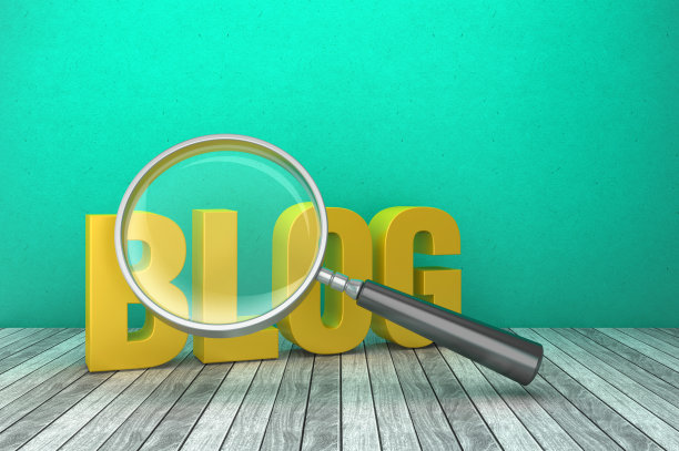 3D文字博客与放大镜在黑板背景- 3D渲染图片下载