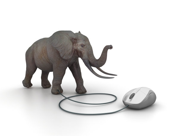 大象与电脑鼠标在黑板上- 3D渲染图片下载