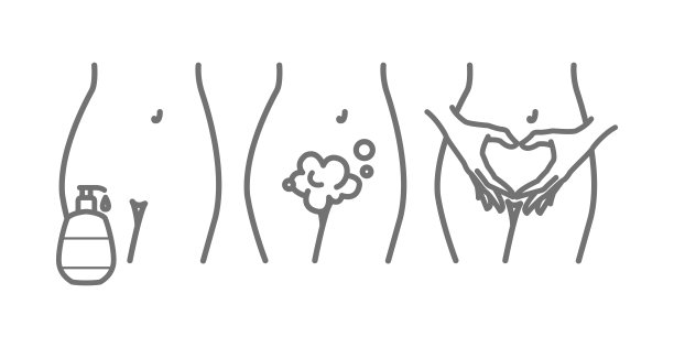 亲密的卫生。女人的身体。女性身体亲密卫生凝胶，洁面泡沫，女性双手心的手势。矢量线说明图片下载