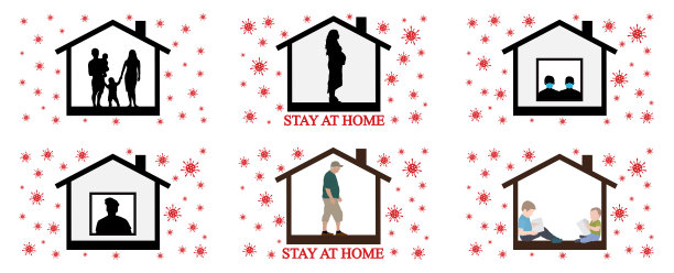 冠状病毒检疫预防措施。自我隔离为人，待在家里为安全，设。矢量图图片下载
