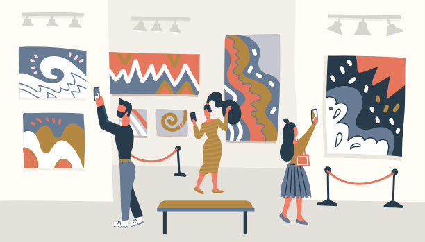 当代抽象艺术博物馆概念。展览观众看挂在画廊墙上的画，人们看博物馆展品。矢量平面插图。图片下载