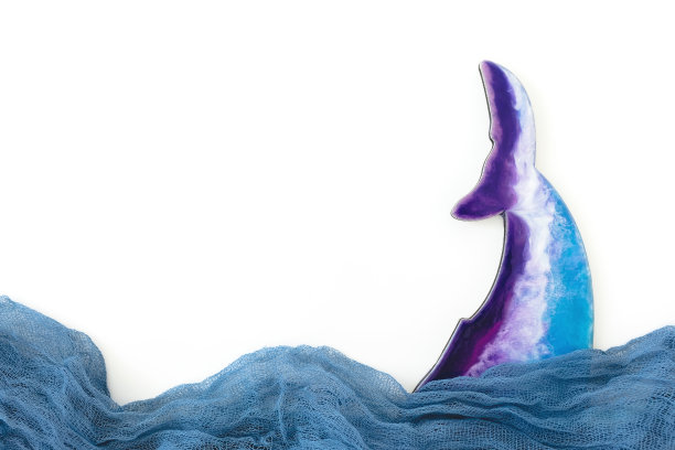 鲸鱼树脂艺术和织物波浪在白色的背景。平躺，俯视图图片下载