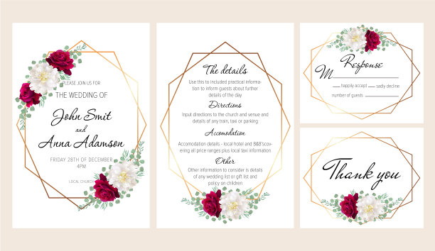 美丽的现代几何婚礼邀请与黑色玫瑰和白色牡丹。这套婚礼请柬模板包括四种模板:请柬、回复卡、详细信息和感谢卡。图片下载
