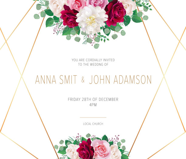 婚礼花请柬，请柬保存日期卡设计以勃艮第红色花园玫瑰花，银元桉树，白色牡丹，粉色和白色花园玫瑰和优雅的金色几何装饰。时尚婚礼卡片。现代模板向量,图片下载