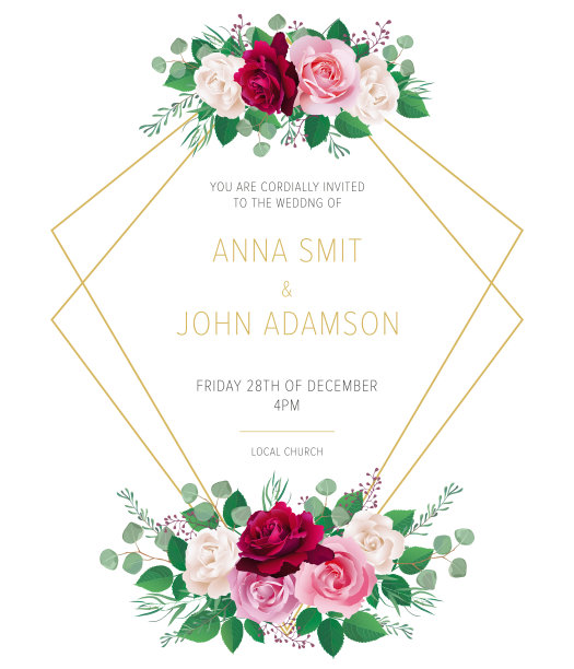 婚礼花请柬，请柬保存日期卡设计以勃艮第红色花园玫瑰花，银元桉树，白色牡丹，粉色和白色花园玫瑰和优雅的金色几何装饰。时尚婚礼卡片。现代模板向量,图片下载