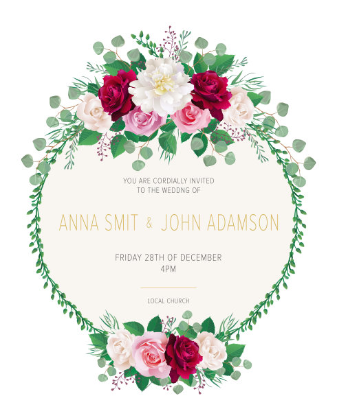 婚礼花请柬，请柬保存日期卡设计以勃艮第红色花园玫瑰花，白色牡丹，粉色和白色花园玫瑰和优雅的金色几何装饰。时尚婚礼卡片。现代模板图片下载