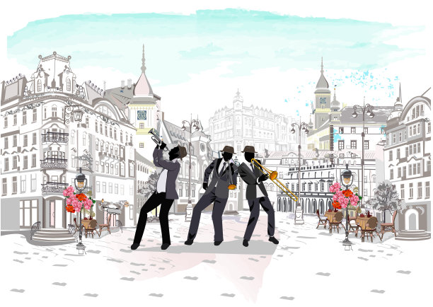 系列丰富多彩的复古街景与老城的时尚人士。图片下载