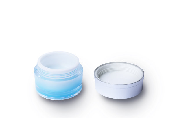 化妆品霜瓶孤立的白色背景与剪切路径-空白蓝色瓶子包装清楚化妆品霜罐和打开盖子孤立的白色背景图片下载