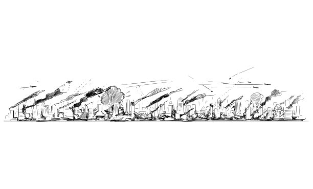 矢量粗糙和粗略的卡通插图长水平城市天际线在战争，攻击或灾难。火灾中的高层住宅和商业建筑。图片下载