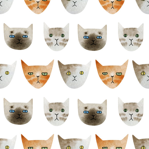 水彩手绘无缝模式与猫的脸。不同的猫卡通风格。有趣的小猫背景，为儿童聚会，纺织品，封面，壁纸，装饰。图片下载
