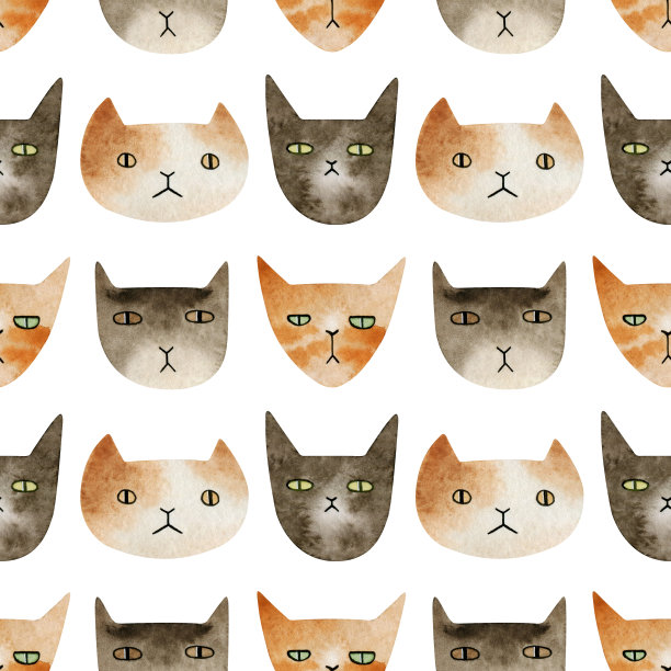 水彩手绘无缝模式与猫的脸。不同的猫卡通风格。有趣的小猫背景，为儿童聚会，纺织品，封面，壁纸，装饰。图片下载