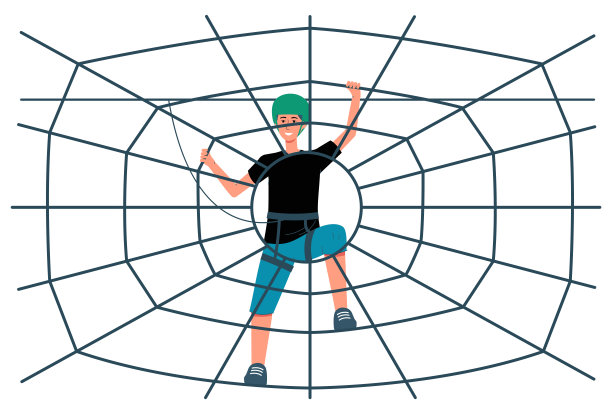 卡通男孩在安全带和头盔上攀爬绳索蜘蛛网图片下载