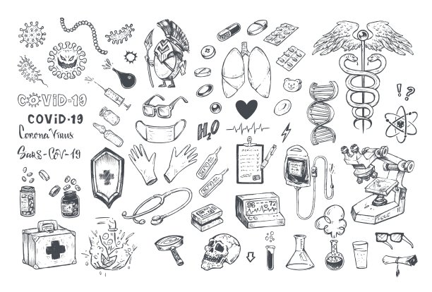 医疗图标冠状病毒Covid-19，肺，疫苗和药丸，医院或实验室设备隔离白色。一套医疗保健符号手绘素描涂鸦矢量插图图片下载