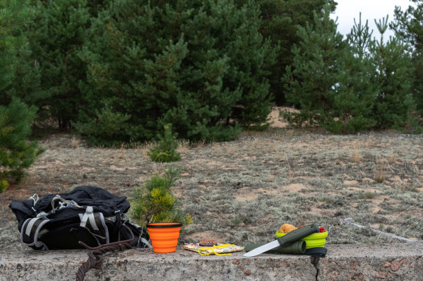 森林里的旅游菜肴和弹药。旅游背包和菜肴与食物。图片下载