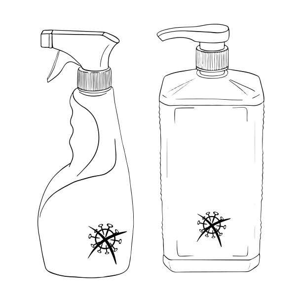 设置医用消毒表面模板。产品卫生。消毒的前提。消毒液，保护冠状病毒。矢量孤立涂鸦现实的黑色轮廓白色背景图片下载