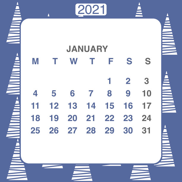 设计日历2021年在时尚的装饰风格。文具计划模板。矢量插图。下周一开始。一套12个月。蓝白两色图片下载