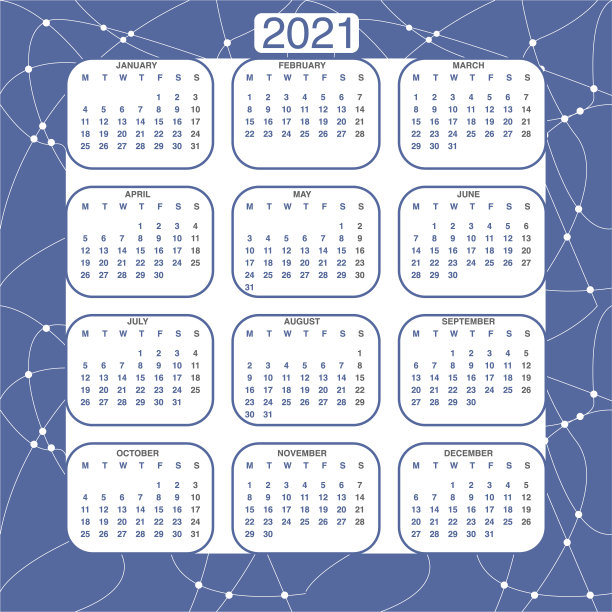 设计日历2021年在时尚的装饰风格。文具计划模板。矢量插图。下周一开始。一套12个月。蓝白两色图片下载