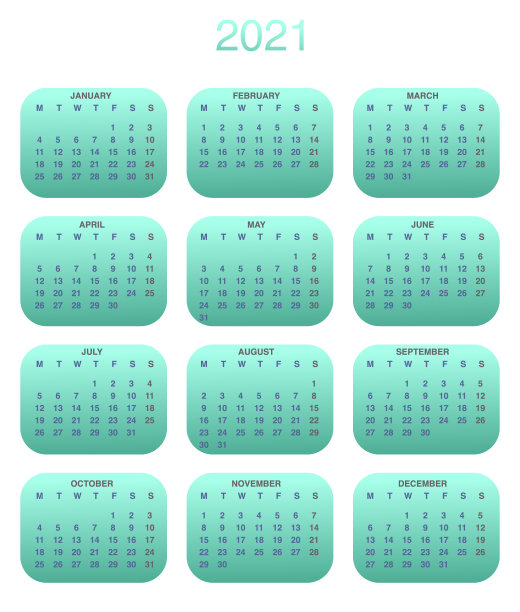 设计日历2021年在时尚多彩的风格。文具计划模板。矢量插图。下周一开始。一套12个月。图片下载