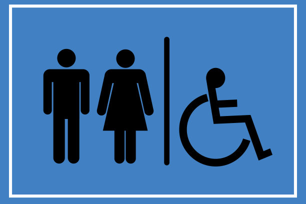 厕所矢量图标。风格为扁圆角wc符号，黑色颜色，圆角，蓝色背景。厕所插图包括女士和先生的人物和残疾人。图片下载