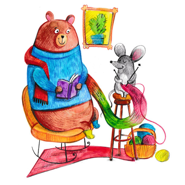 童话插图与一只熊和一只老鼠，动物朋友坐和编织和阅读一本书图片下载
