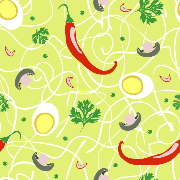 无缝矢量图案面条汤与辣椒在黄色的背景。韩国健康食品壁纸设计。图片下载