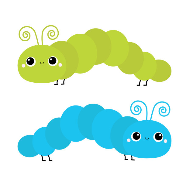 毛毛虫昆虫图标设置。爬行catapillar bug。可爱的卡通，有趣的可爱的婴儿动物角色。微笑的脸。平面设计。色彩鲜艳，绿蓝相间。白色背景。孤立。图片下载