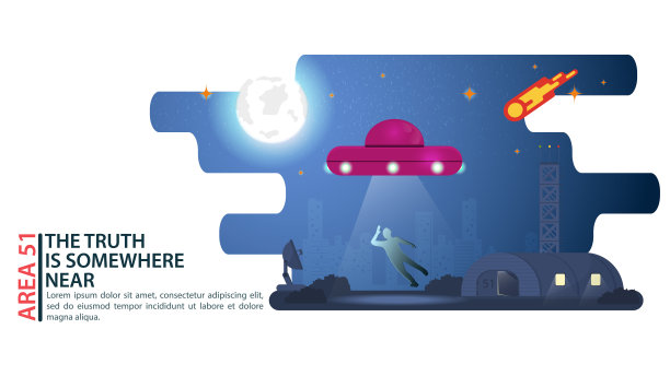 不明飞行物飞碟在夜间绑架人地外智慧机库51区设计概念平面矢量插图图片下载