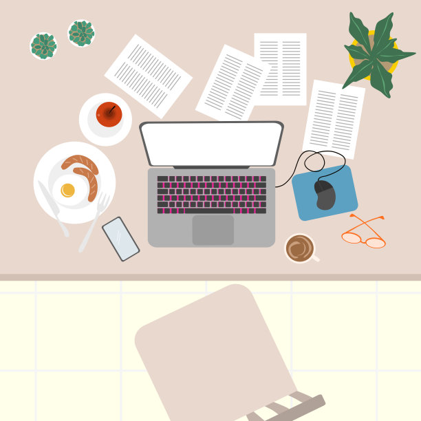 俯视图的办公桌在家里。Covid-19和工作从概念开始。图片下载