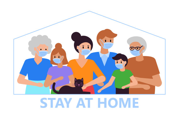 待在家里和自我隔离的概念。2019冠状病毒病(COVID-19)大流行隔离，家人戴医用口罩。平的卡通插图图片下载