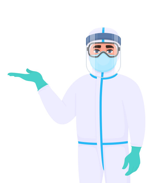 身穿防护服的医生手持抄写空间。医护人员戴着防护用品、面罩、乳胶手套和指指点点的手势。医生戴口罩、护目镜。冠状病毒流行。图片下载