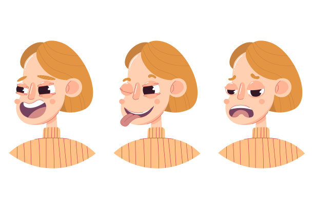 一群女人，小女孩。平面插画的头，脸，不同的情绪(笑，调情，眨眼，悲伤)，头像设计。图片下载