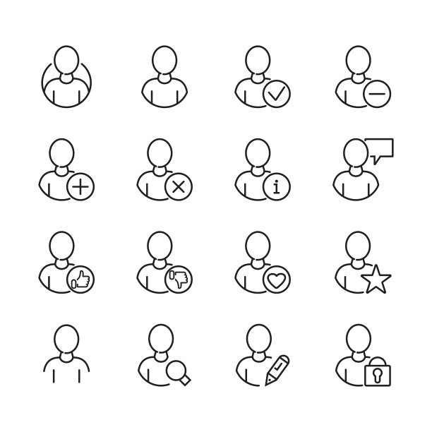 关于用户，互联网个性，用户界面的一组轮廓图标。简单的符号与黑色的颜色轮廓。矢量插图。每股收益10图片下载