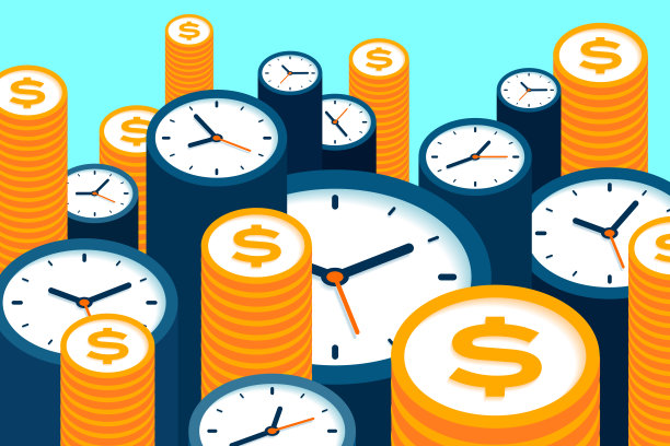 时钟和美元图标在平面风格，计时器和金钱标志上的颜色背景。时间管理。更多的手表和硬币。业务矢量插图为您演示素材图片
