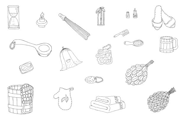 一套轮廓矢量元素芬兰浴。孤立的物体是用墨水手绘的。设计休闲，排毒，健康。用扫帚和热蒸汽处理。图片下载