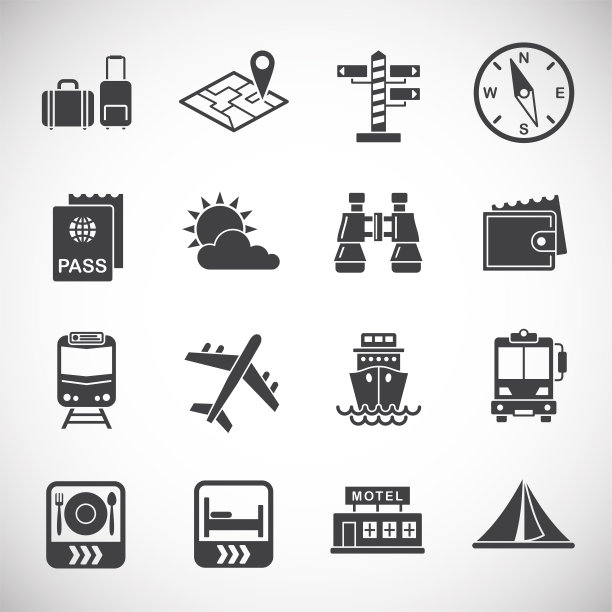 用于图形和网页设计的旅行相关图标集。用于Web或移动应用程序的创意插画概念符号图片下载