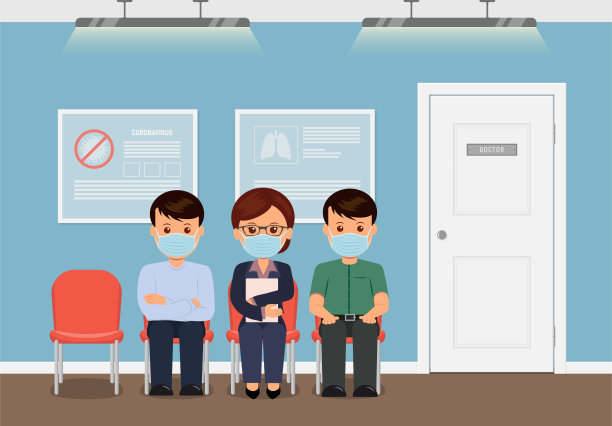 诊所等候室。戴口罩的病人等待医生的接待。冠状病毒测试。流行病和隔离。临床治疗病毒。矢量插图在平面风格。图片下载